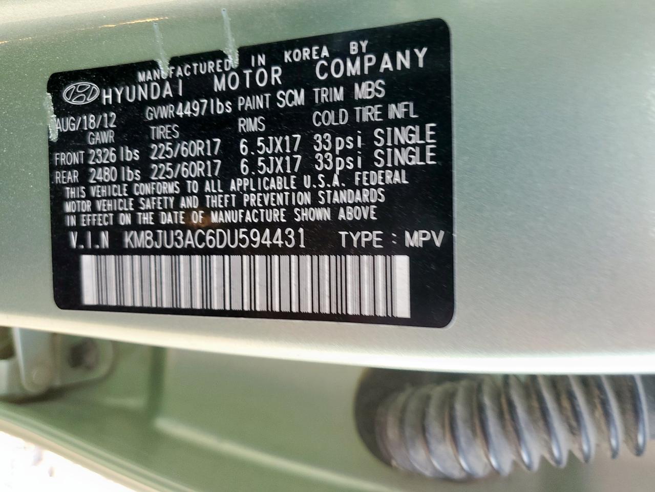 2013 Hyundai Tucson Gls VIN: KM8JU3AC6DU594431 Lot: 91849895