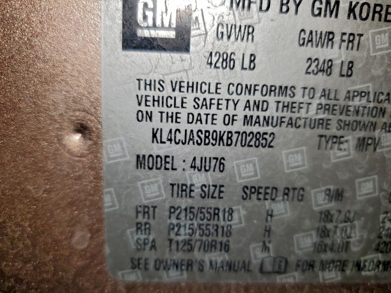 2019 Buick Encore Preferred VIN: KL4CJASB9KB702852 Lot: 94811965