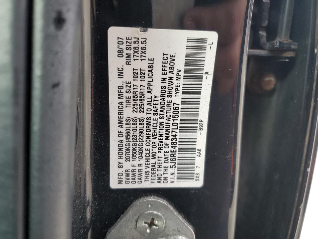 2007 Honda Cr-V Lx VIN: 5J6RE48347L015067 Lot: 92347055