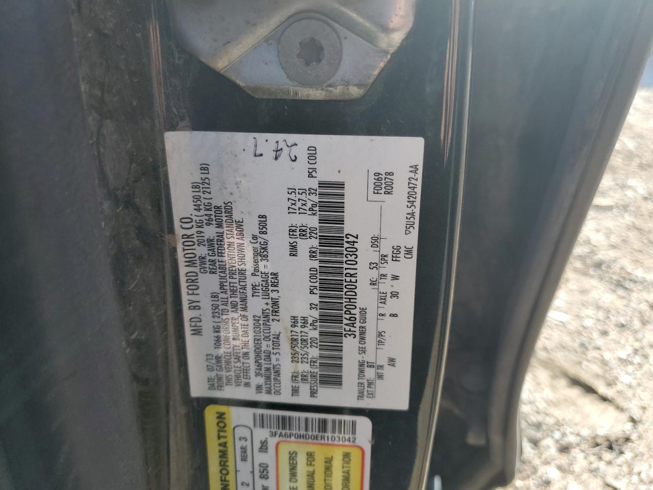 2014 Ford Fusion Se VIN: 3FA6P0HD0ER103042 Lot: 91220285