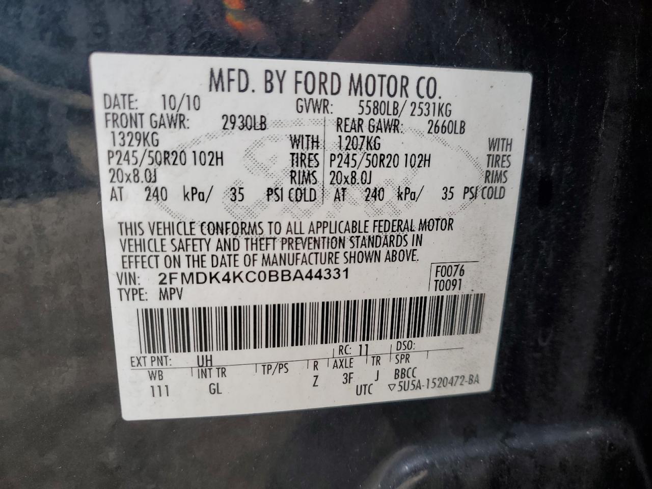 2011 Ford Edge Limited VIN: 2FMDK4KC0BBA44331 Lot: 92680435