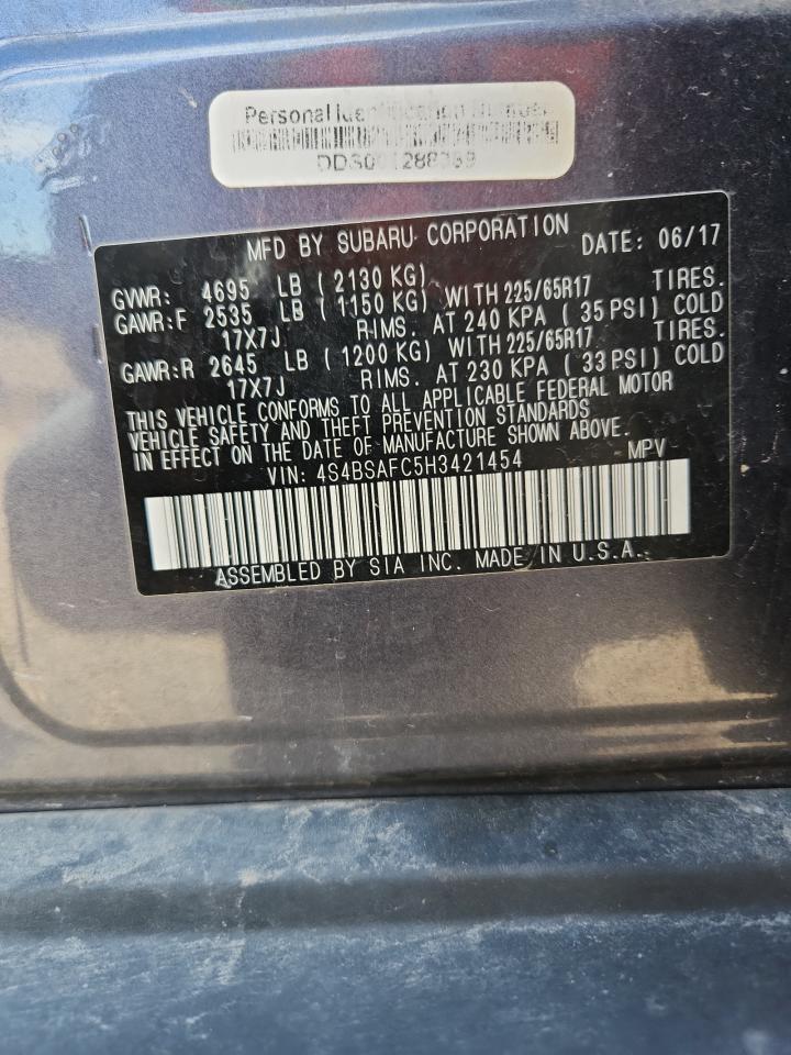 2017 Subaru Outback 2.5I Premium VIN: 4S4BSAFC5H3421454 Lot: 92434635