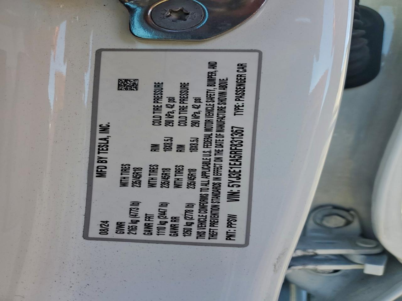 2024 Tesla Model 3 VIN: 5YJ3E1EA5RF831367 Lot: 93401645