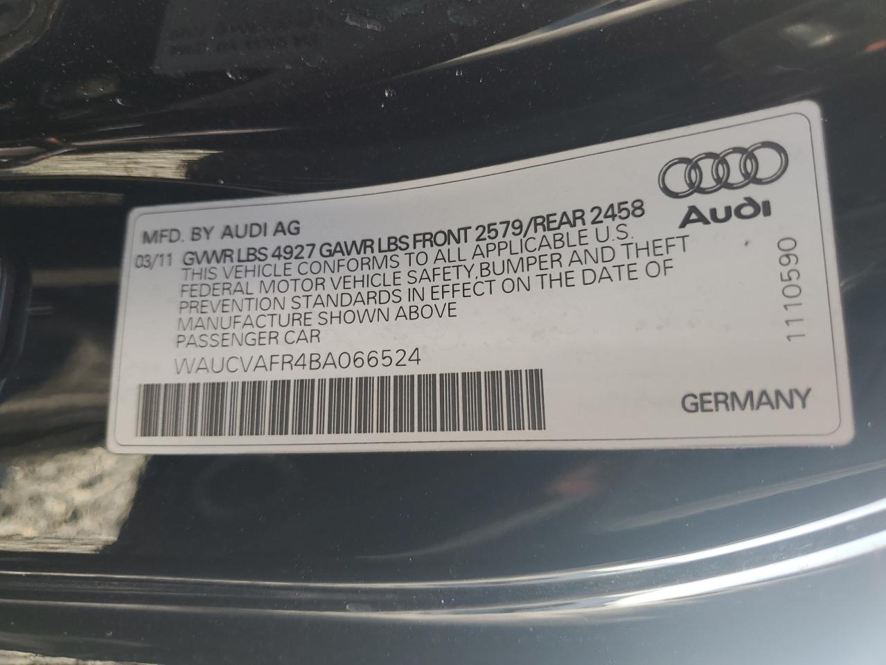 2011 Audi S5 Premium Plus VIN: WAUCVAFR4BA066524 Lot: 93822065