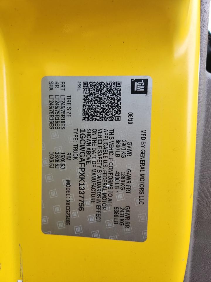 2019 Chevrolet Express G2500 VIN: 1GCWGAFPXK1337756 Lot: 90460545