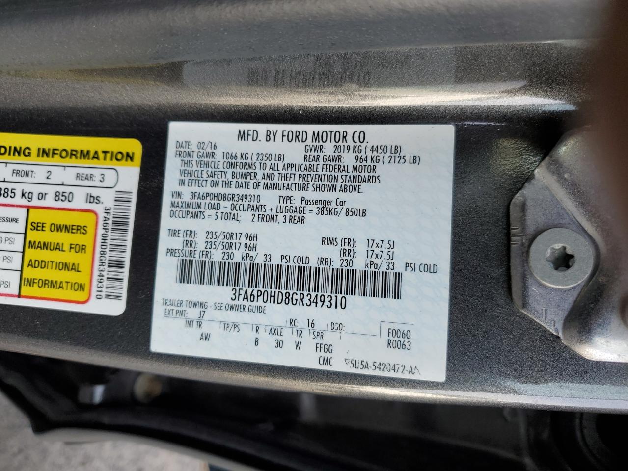 2016 Ford Fusion Se VIN: 3FA6P0HD8GR349310 Lot: 91511415