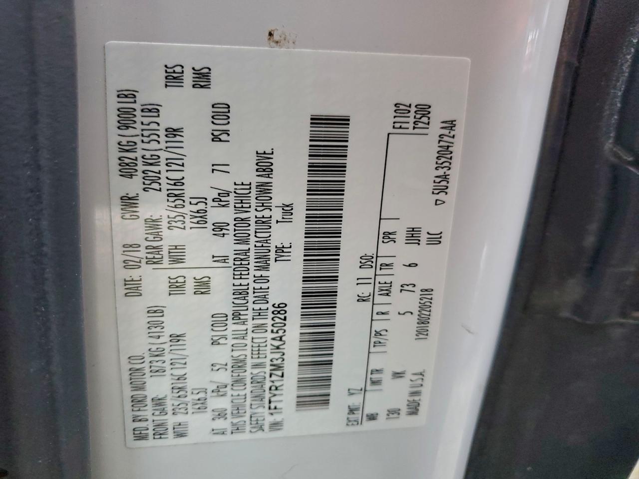 2018 Ford Transit T-250 VIN: 1FTYR1ZM3JKA50286 Lot: 92641305