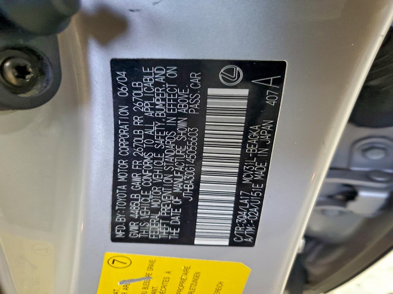 2004 Lexus Es 330 VIN: JTHBA30G145055603 Lot: 94513635