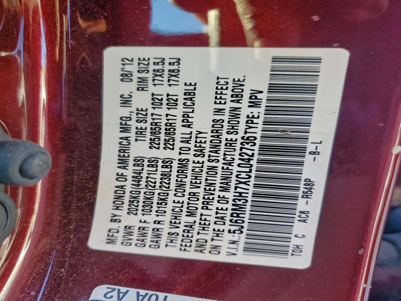 2012 Honda Cr-V Exl VIN: 5J6RM3H7XCL042736 Lot: 94025905