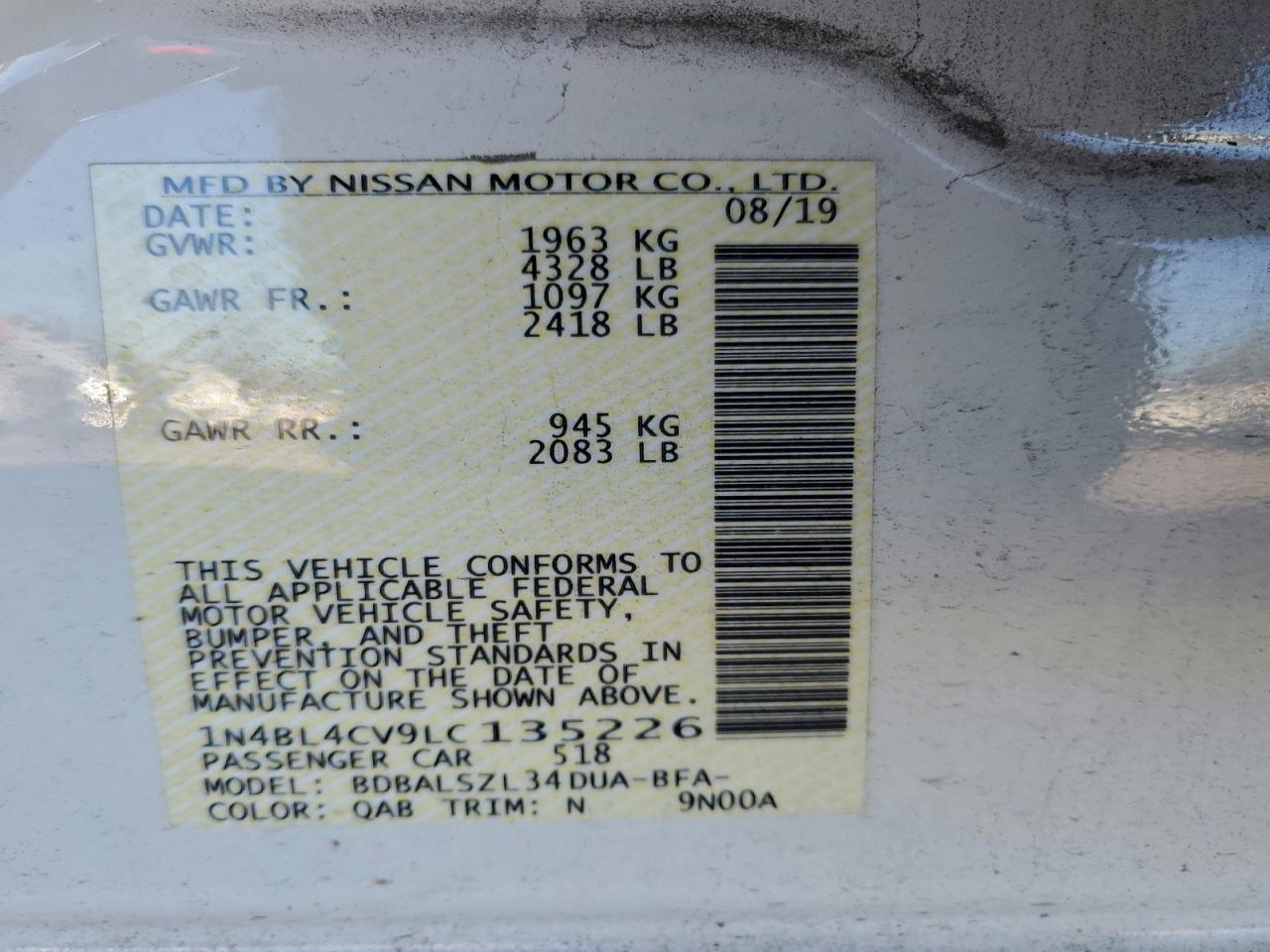 2020 Nissan Altima Sr VIN: 1N4BL4CV9LC135226 Lot: 93976865