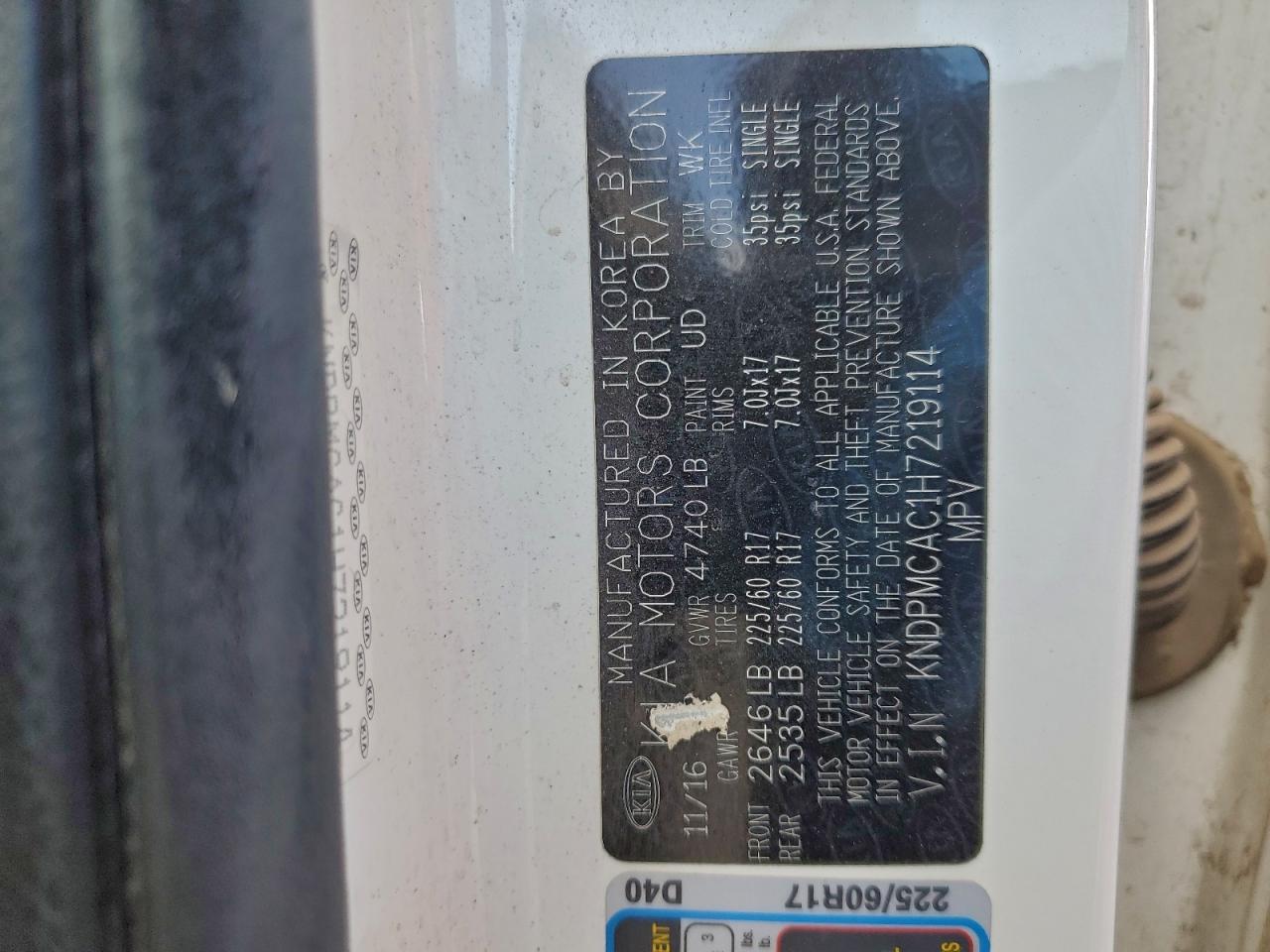 2017 Kia Sportage Lx VIN: KNDPMCAC1H7219114 Lot: 93698635