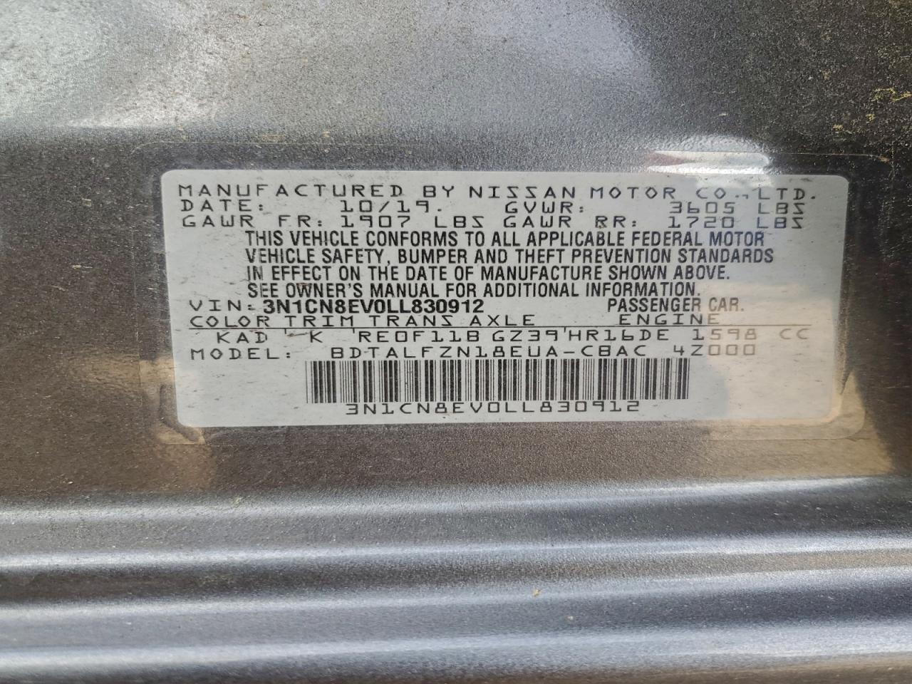 2020 Nissan Versa Sv VIN: 3N1CN8EV0LL830912 Lot: 93864335