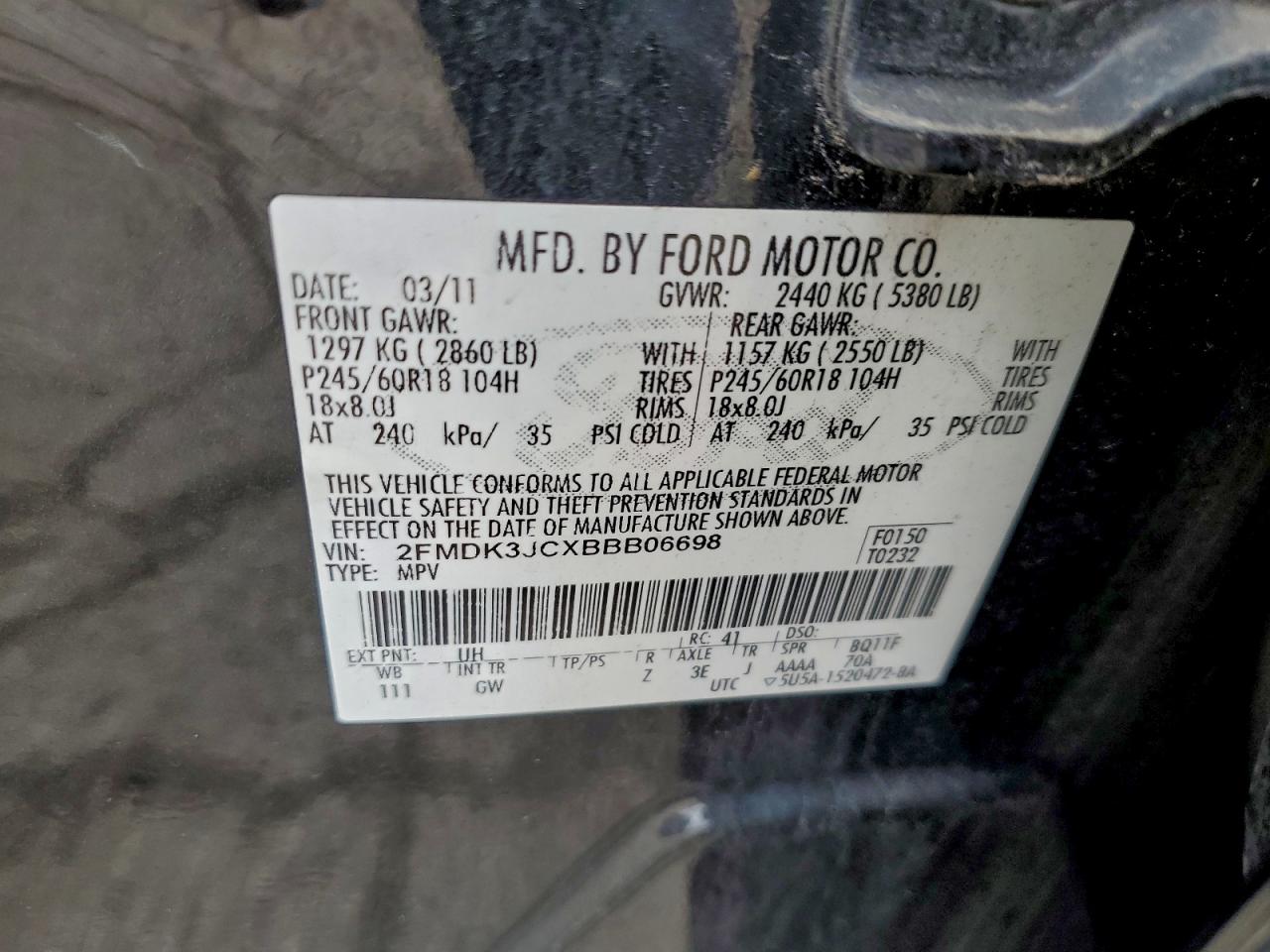 2011 Ford Edge Sel VIN: 2FMDK3JCXBBB06698 Lot: 94107525