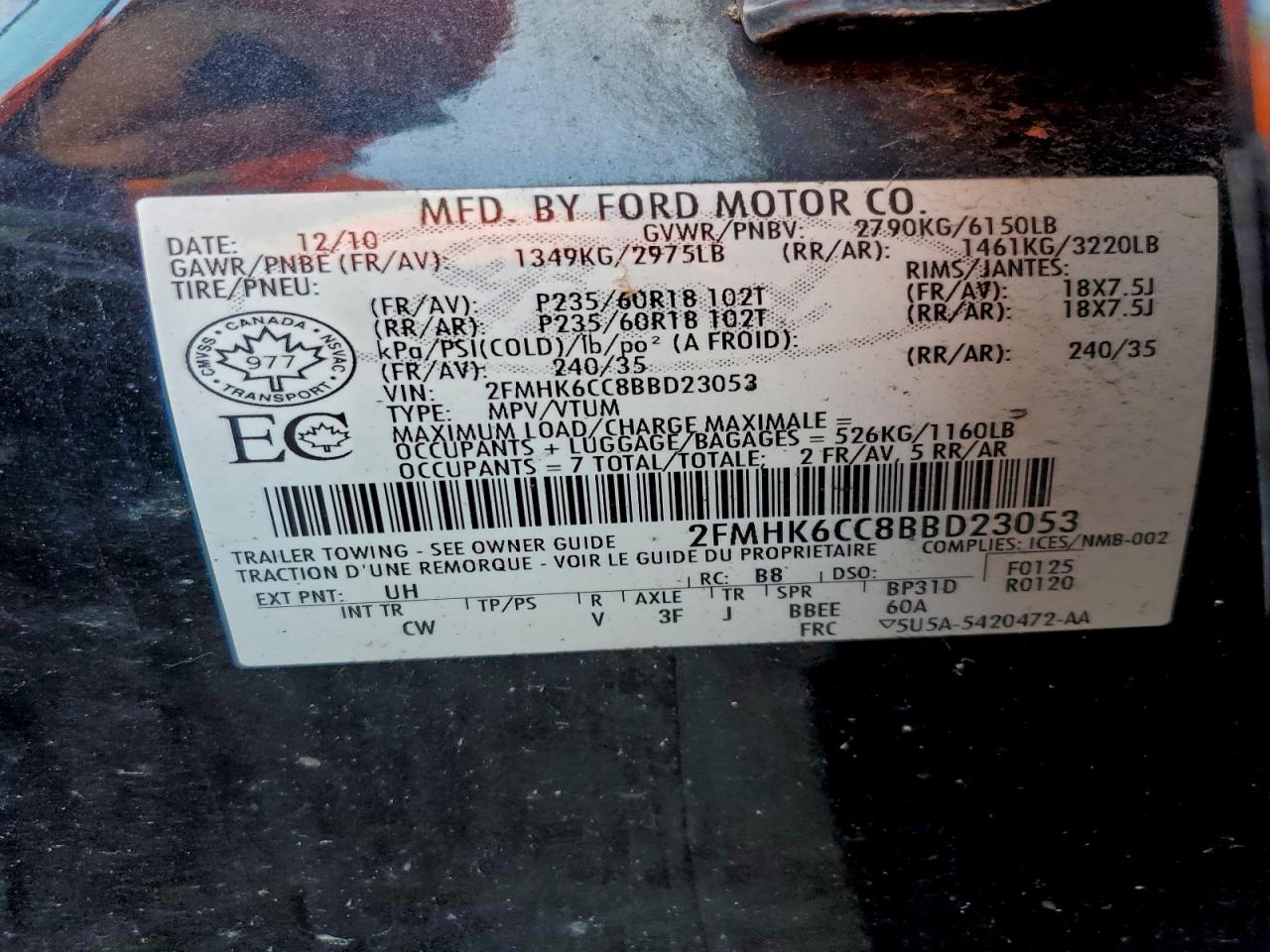 2011 Ford Flex Sel VIN: 2FMHK6CC8BBD23053 Lot: 93426255