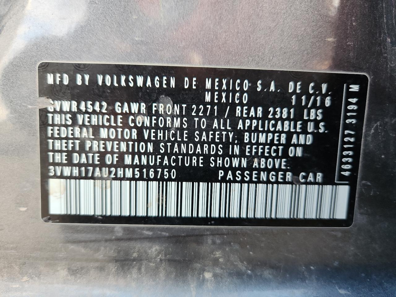 2017 Volkswagen Golf Alltrack S VIN: 3VWH17AU2HM516750 Lot: 93112945