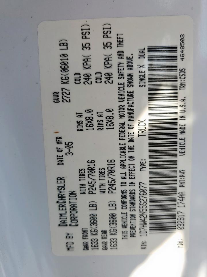 2005 Dodge Dakota Slt VIN: 1D7HW42N55S276077 Lot: 93100325