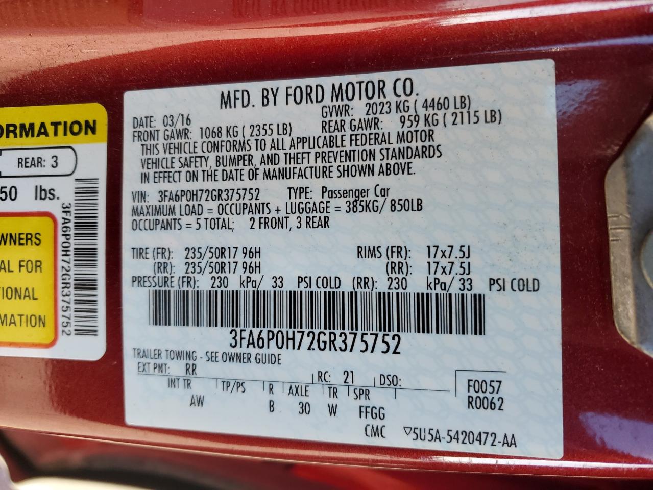 2016 Ford Fusion Se VIN: 3FA6P0H72GR375752 Lot: 92313995