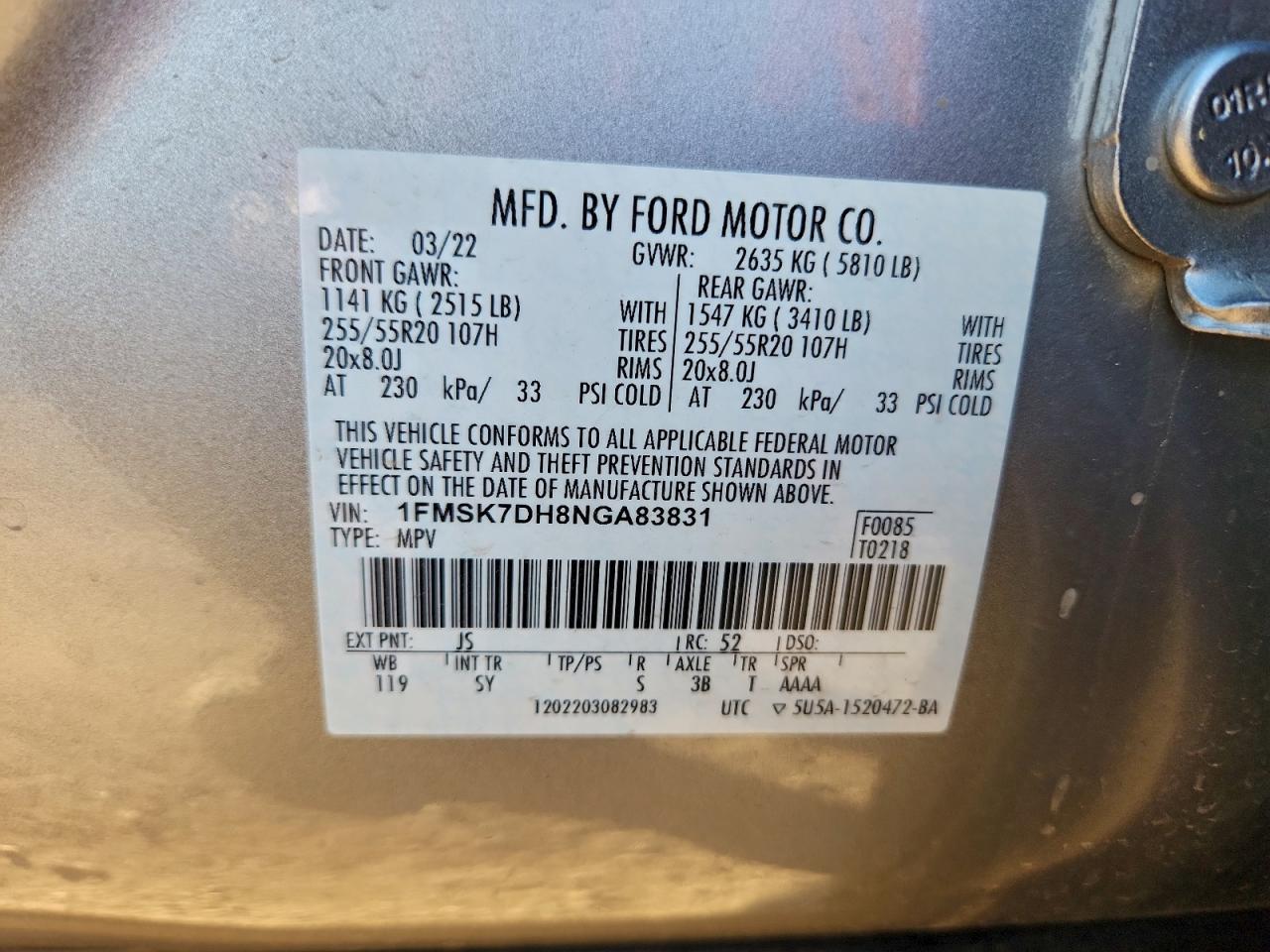 2022 Ford Explorer Xlt VIN: 1FMSK7DH8NGA83831 Lot: 92986915