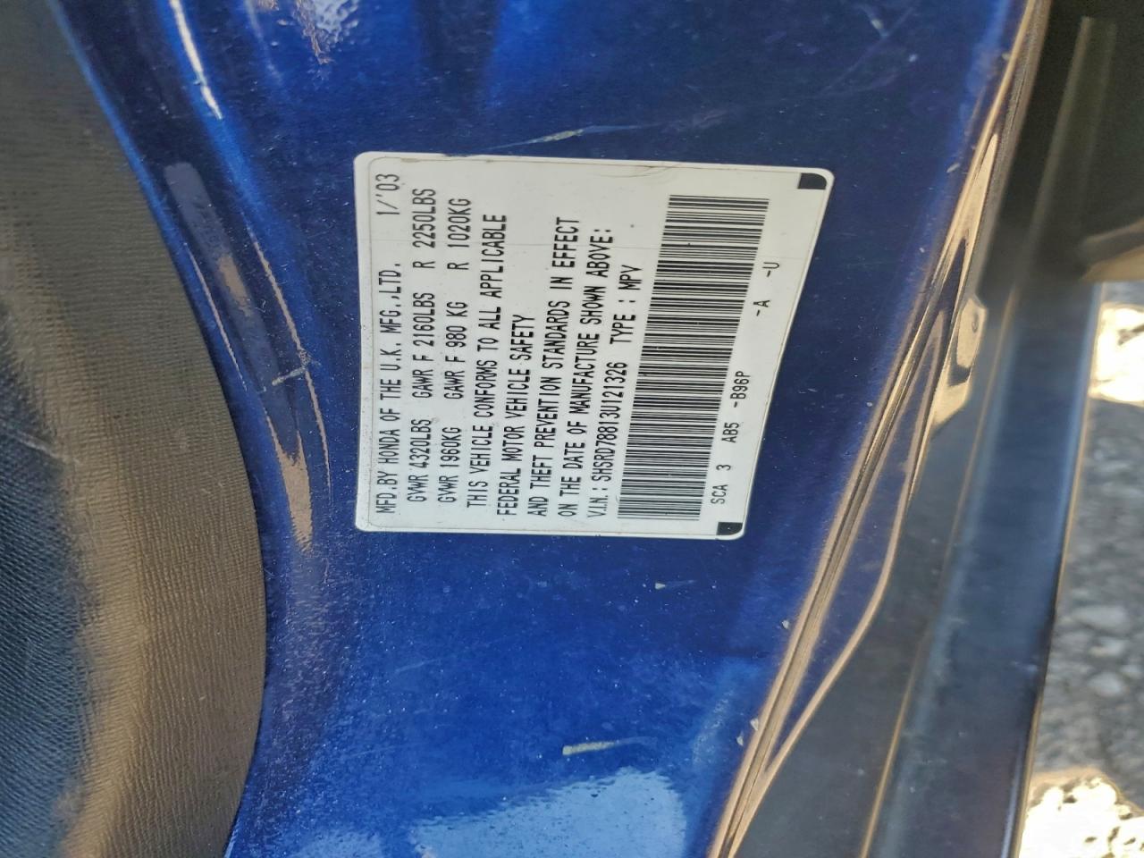 2003 Honda Cr-V Ex VIN: SHSRD78813U121326 Lot: 93257685