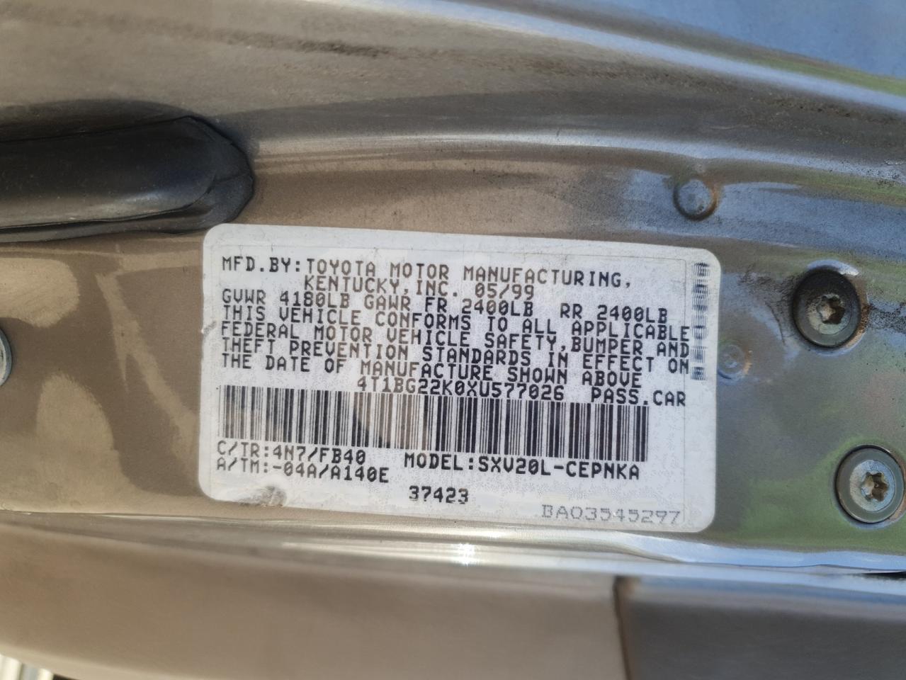 1999 Toyota Camry Ce VIN: 4T1BG22K0XU577026 Lot: 92710165