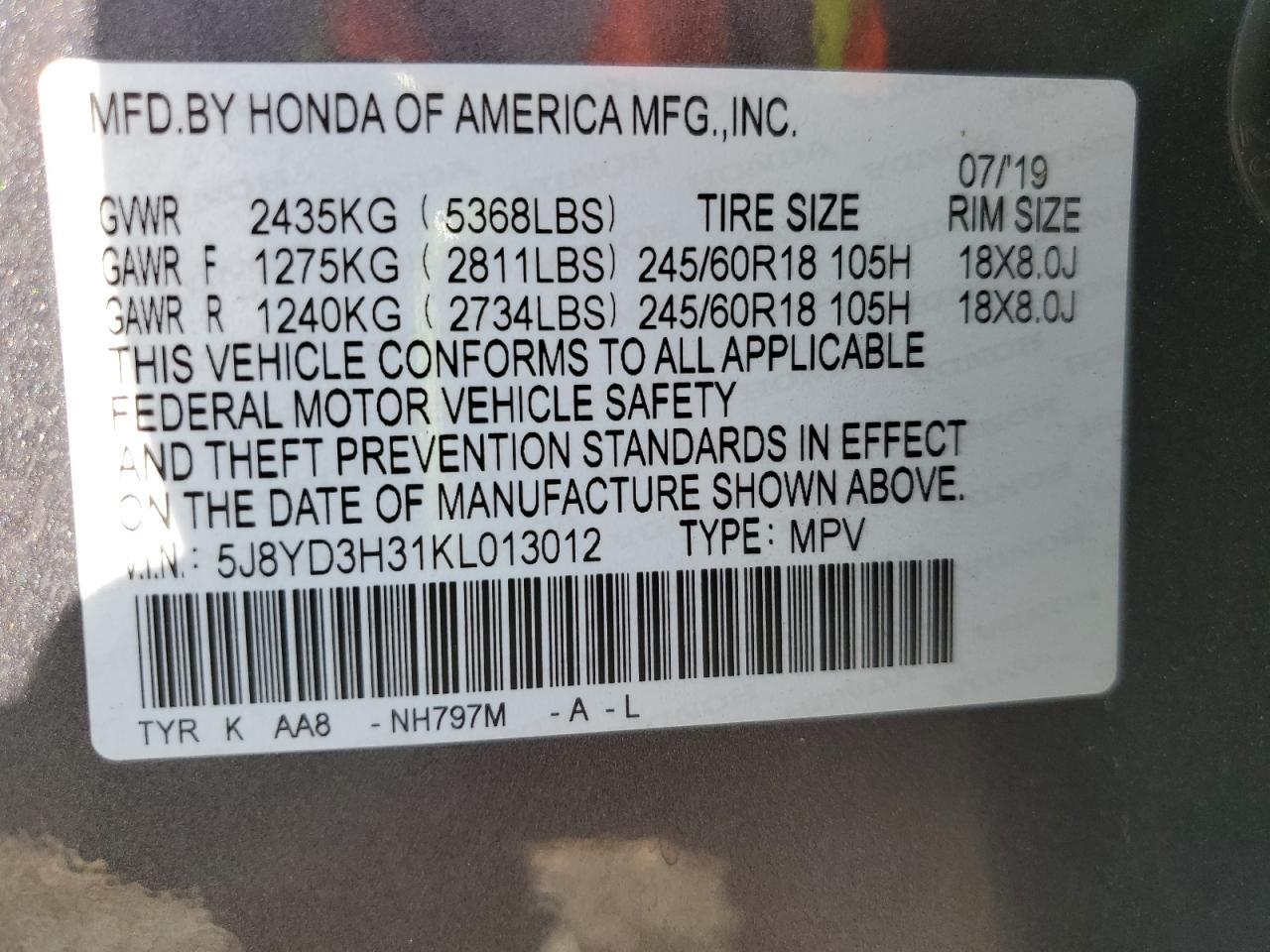 2019 Acura Mdx VIN: 5J8YD3H31KL013012 Lot: 92729745