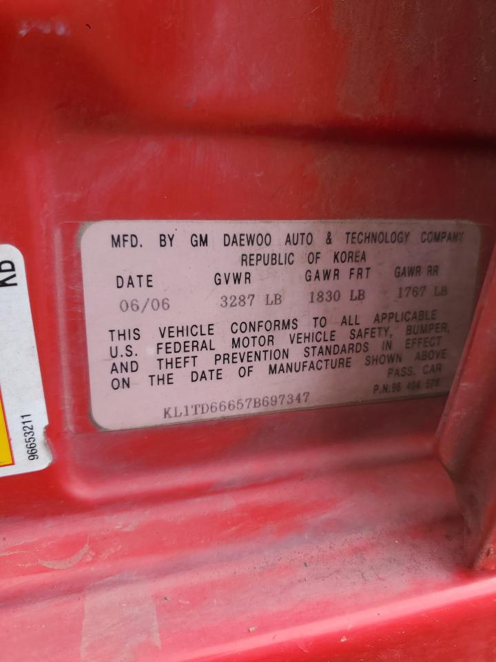 2007 Chevrolet Aveo Base VIN: KL1TD66657B697347 Lot: 87051095