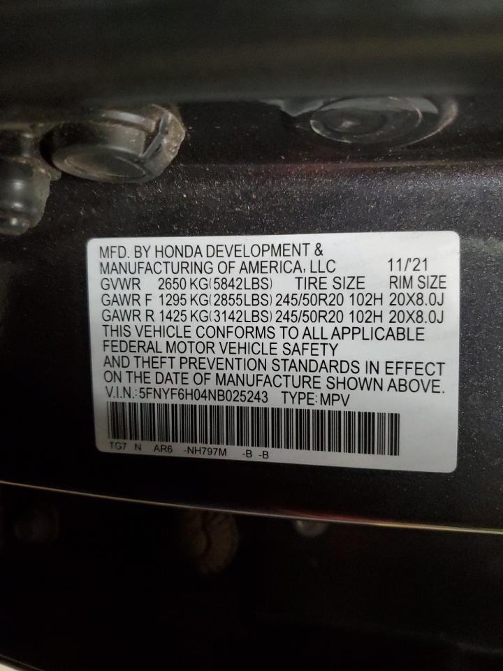 2022 Honda Pilot Elite VIN: 5FNYF6H04NB025243 Lot: 93261185