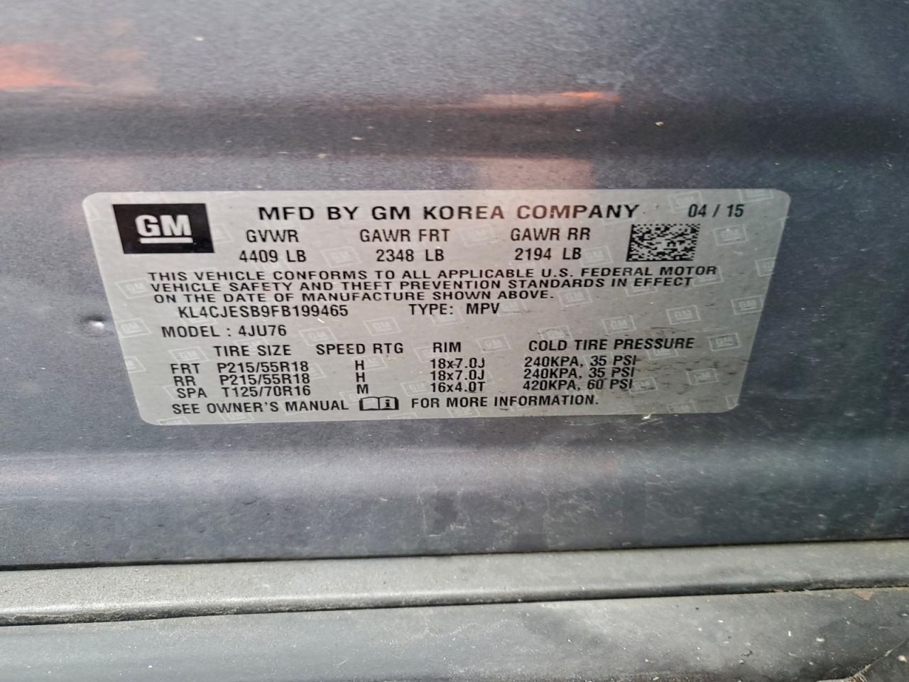 2015 Buick Encore VIN: KL4CJESB9FB199465 Lot: 94273615