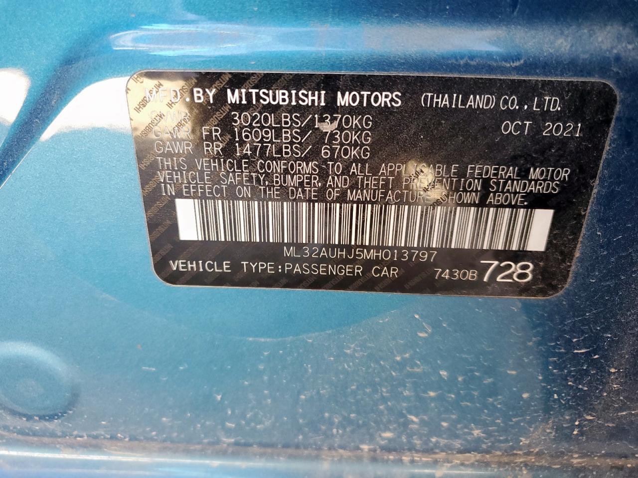 2021 Mitsubishi Mirage Es VIN: ML32AUHJ5MH013797 Lot: 92095655