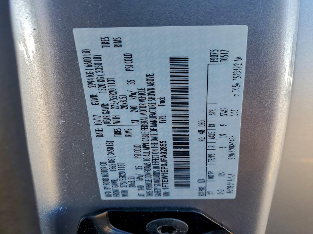 2018 Ford F150 Supercrew VIN: 1FTEW1EP0JFA92855 Lot: 93856275