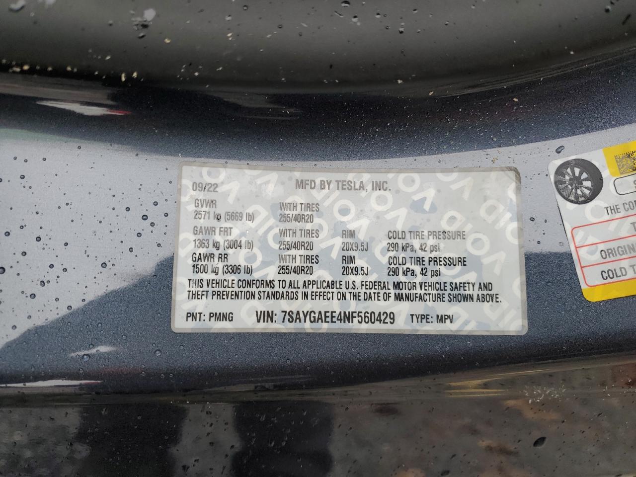 2022 Tesla Model Y VIN: 7SAYGAEE4NF560429 Lot: 91624855