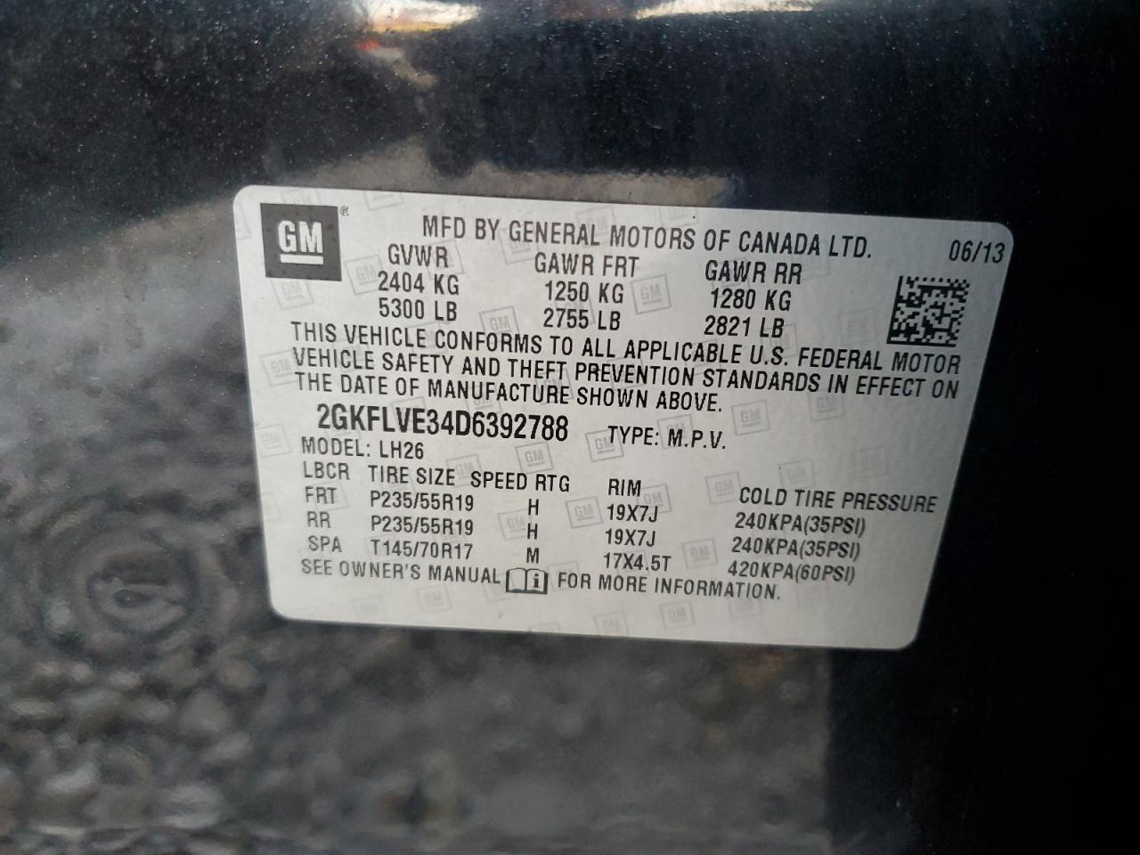 2013 GMC Terrain Slt VIN: 2GKFLVE34D6392788 Lot: 93206235