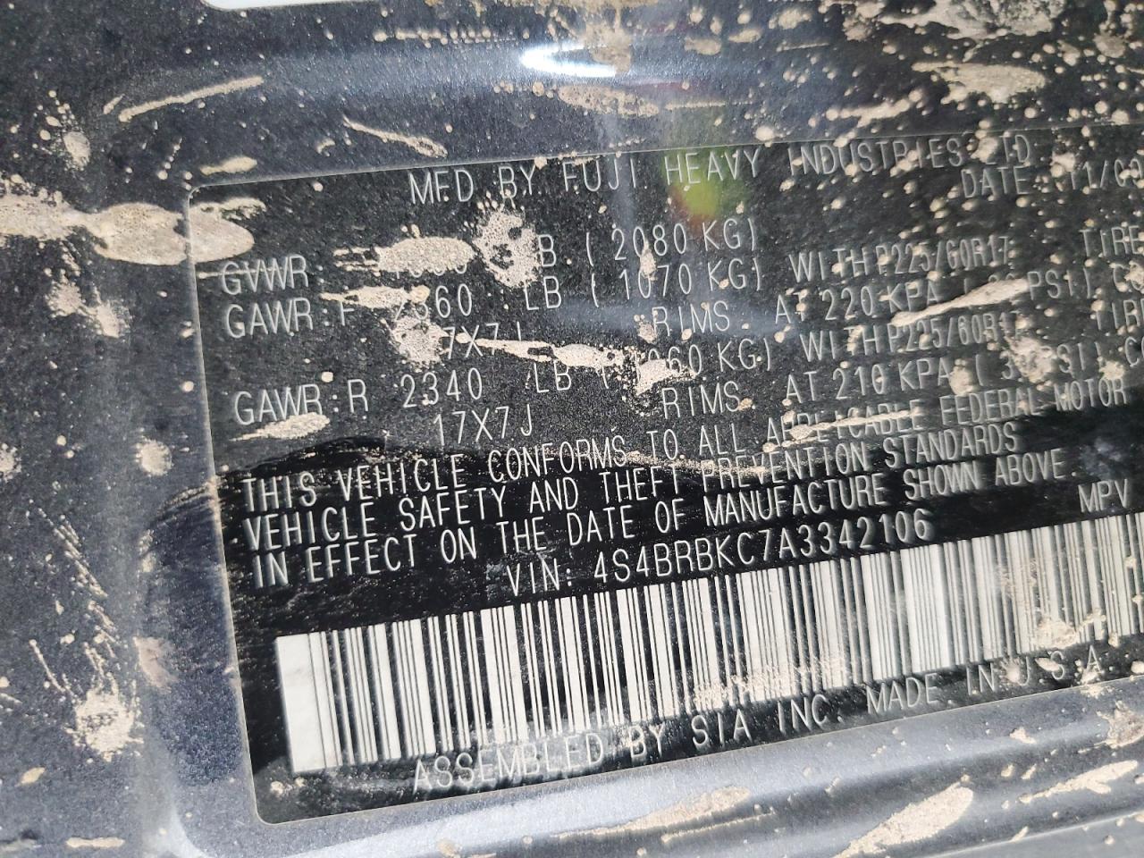 2010 Subaru Outback 2.5I Limited VIN: 4S4BRBKC7A3342106 Lot: 91889365