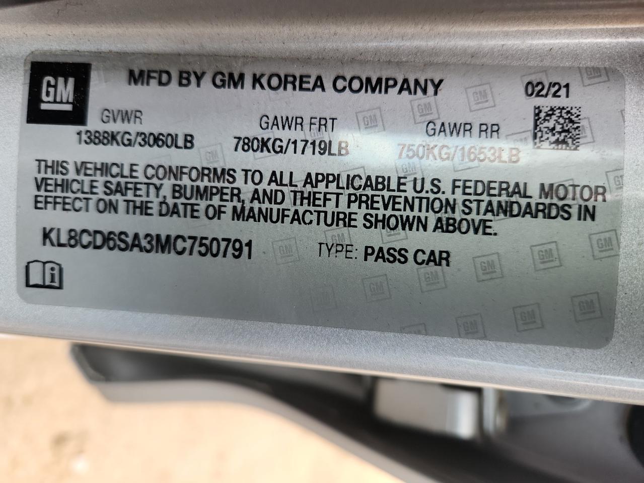 2021 Chevrolet Spark 1Lt VIN: KL8CD6SA3MC750791 Lot: 91844325