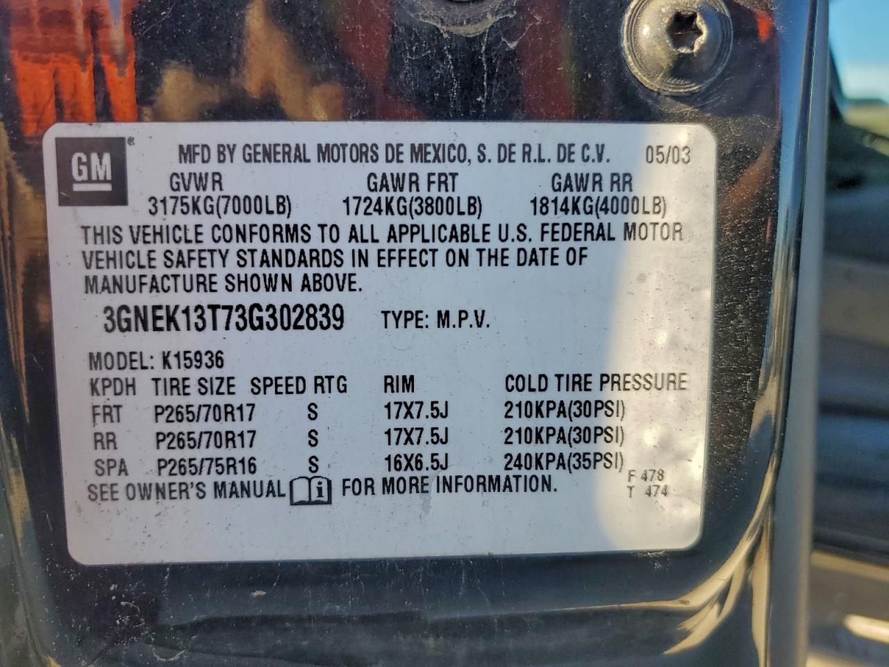 2003 Chevrolet Avalanche K1500 VIN: 3GNEK13T73G302839 Lot: 94526565