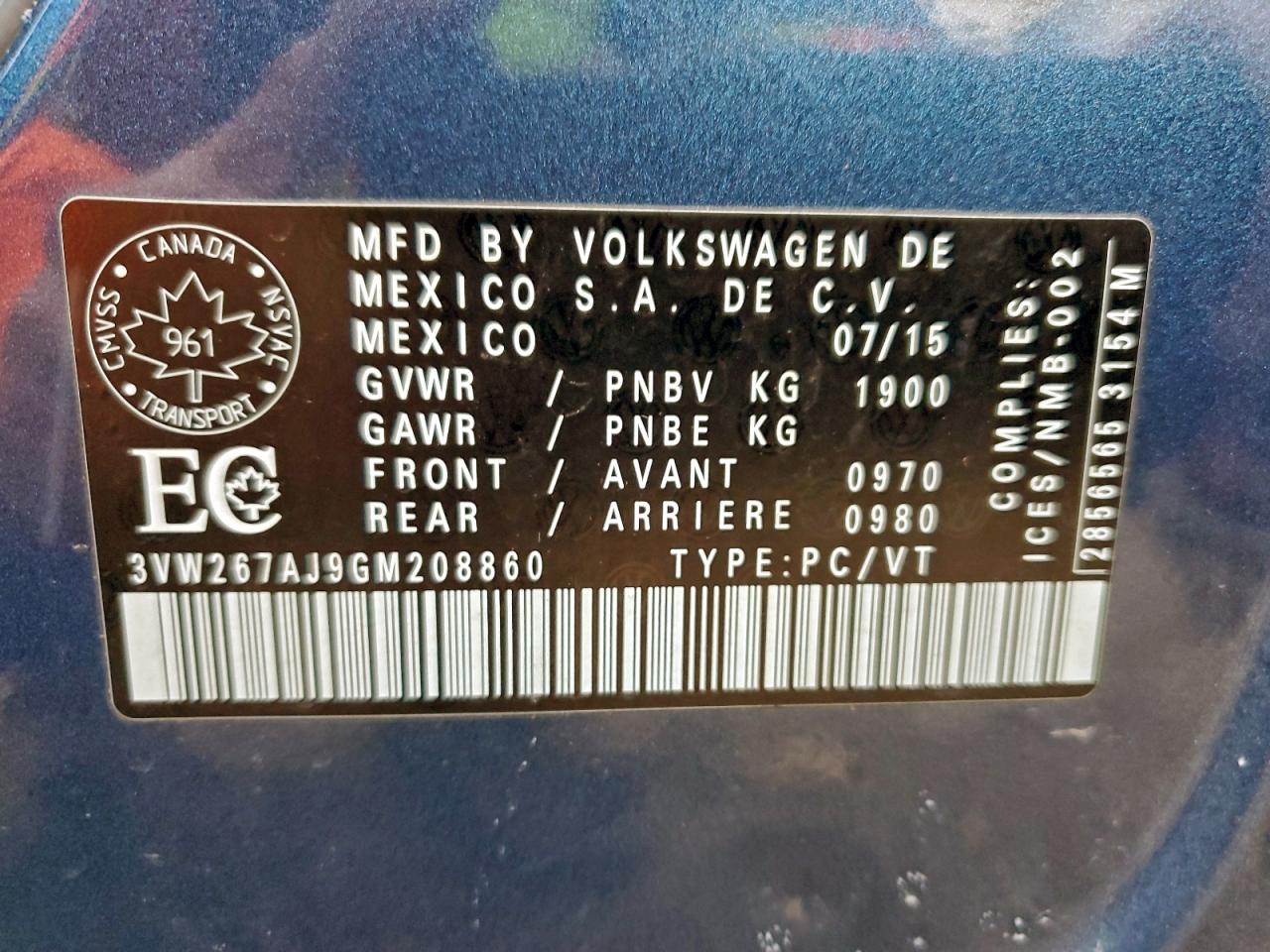 2016 Volkswagen Jetta S VIN: 3VW267AJ9GM208860 Lot: 94070205