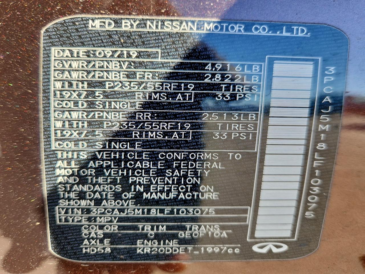 2020 Infiniti Qx50 Pure VIN: 3PCAJ5M18LF103075 Lot: 94480255