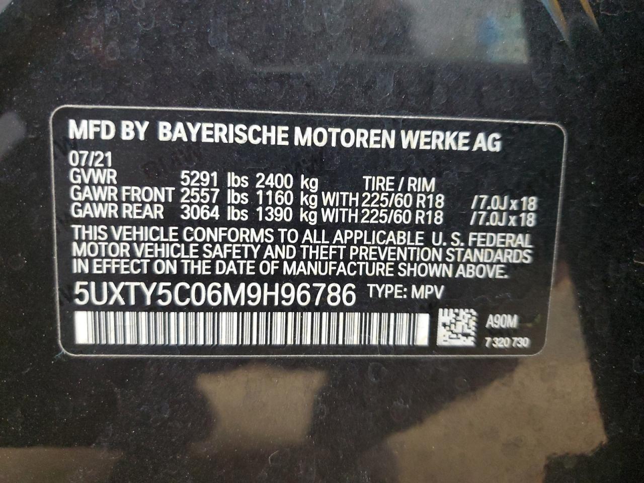 2021 BMW X3 xDrive30I VIN: 5UXTY5C06M9H96786 Lot: 93274755