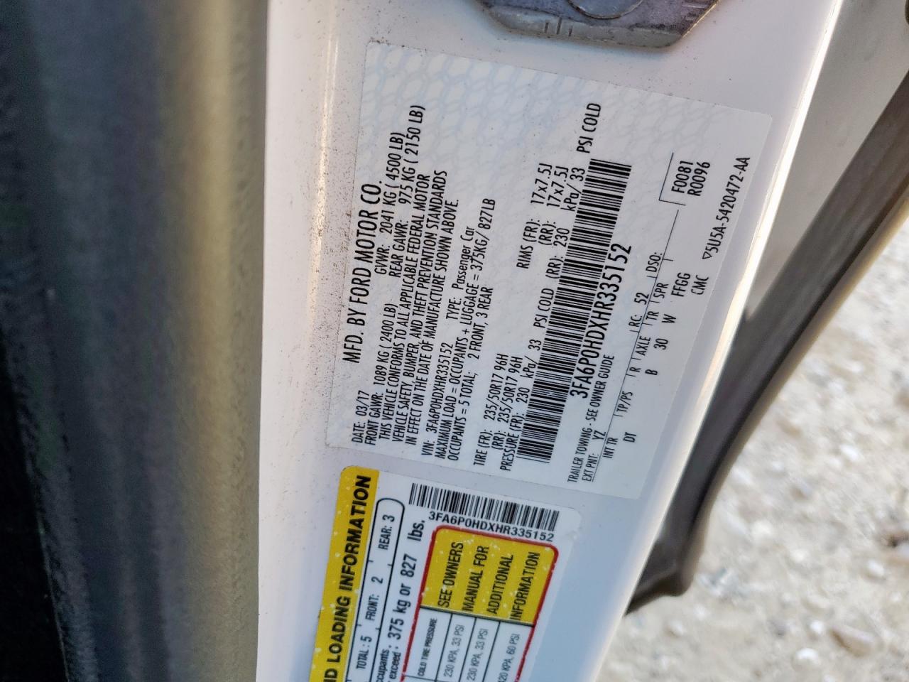 2017 Ford Fusion Se VIN: 3FA6P0HDXHR335152 Lot: 86313895