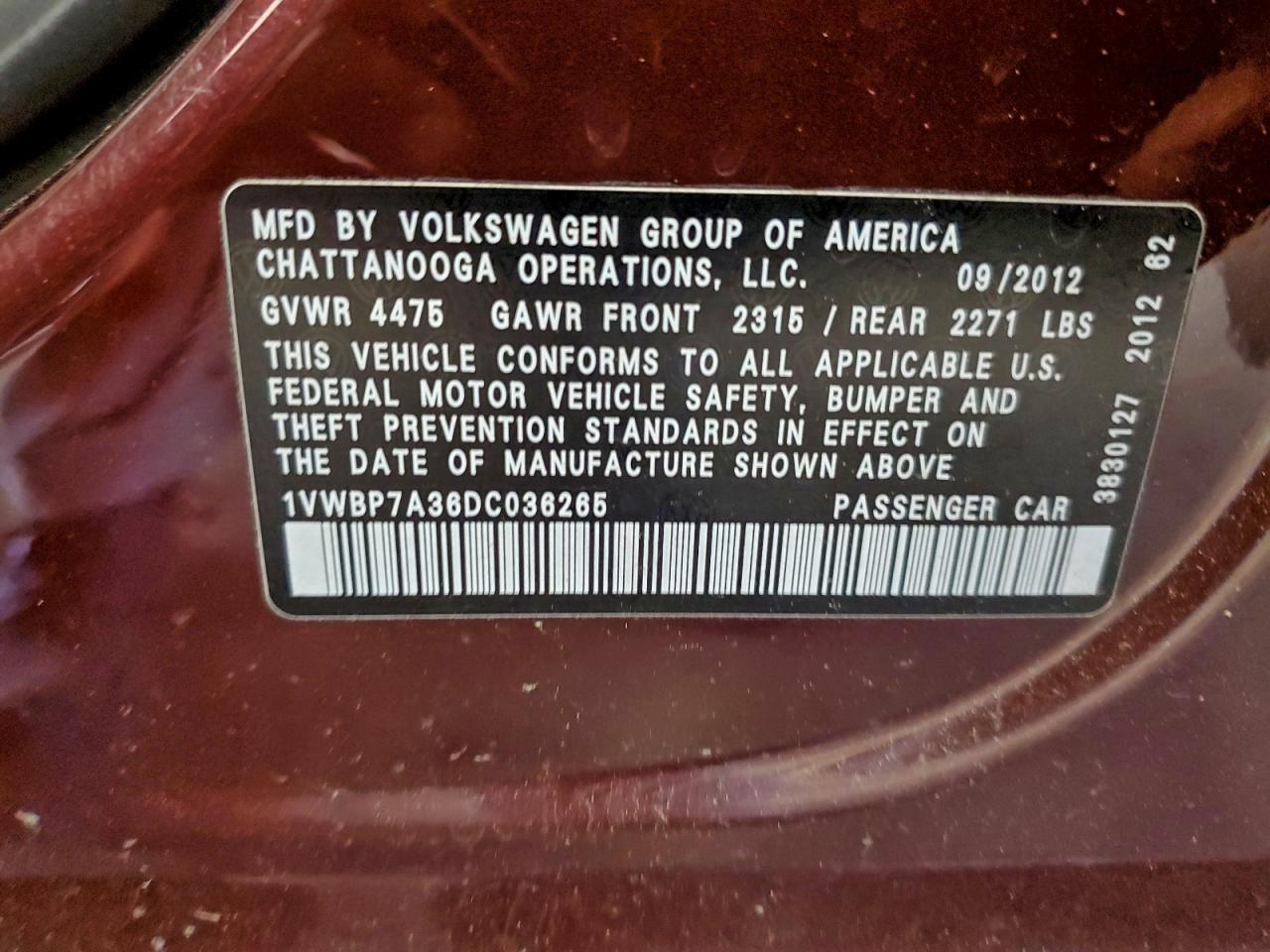 2013 Volkswagen Passat Se VIN: 1VWBP7A36DC036265 Lot: 94630995