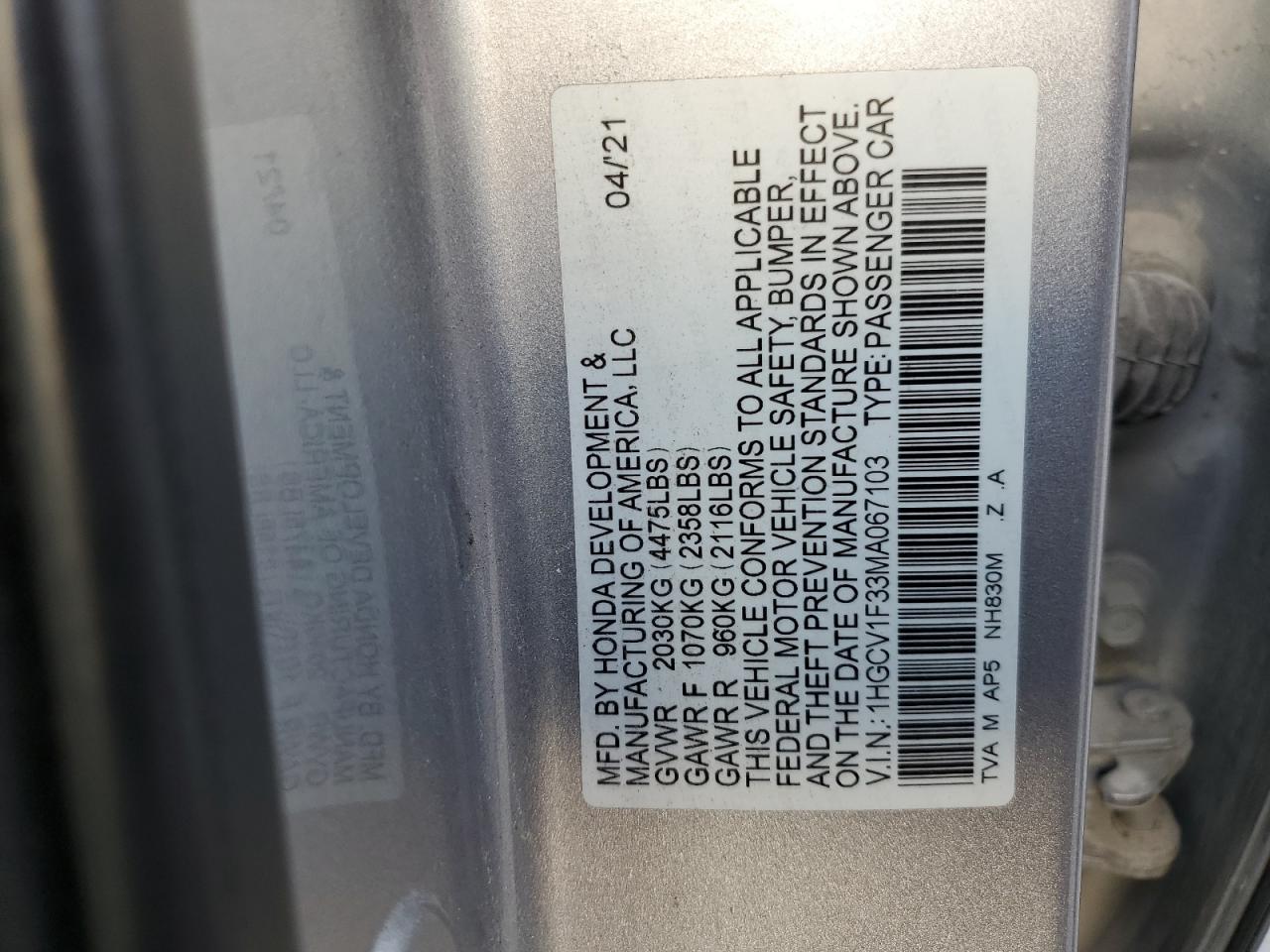 2021 Honda Accord Sport VIN: 1HGCV1F33MA067103 Lot: 92927005