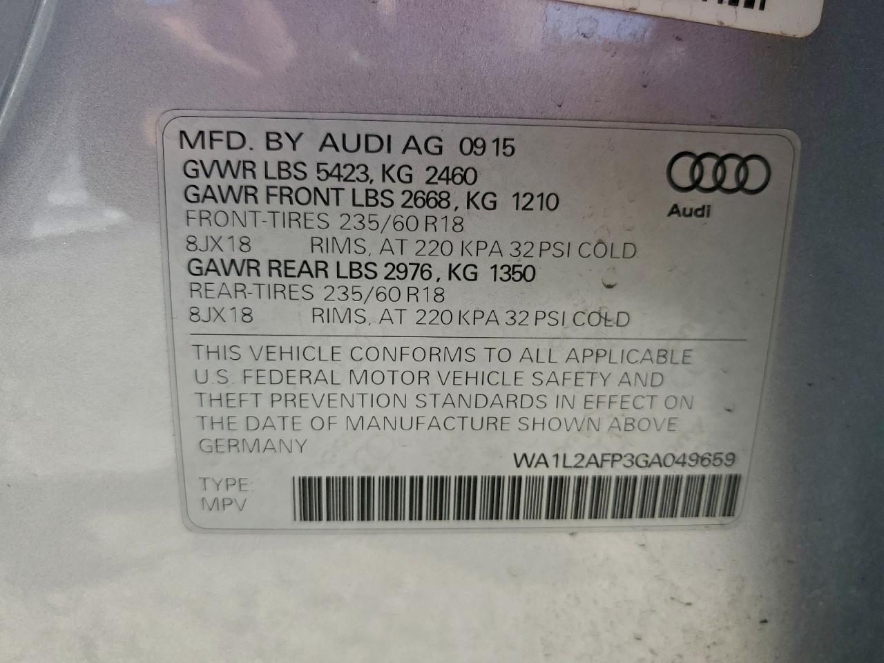 2016 Audi Q5 Premium Plus VIN: WA1L2AFP3GA049659 Lot: 94357545