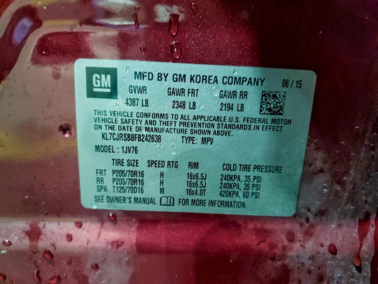 2015 Chevrolet Trax 1Lt VIN: KL7CJRSB8FB242638 Lot: 93261205