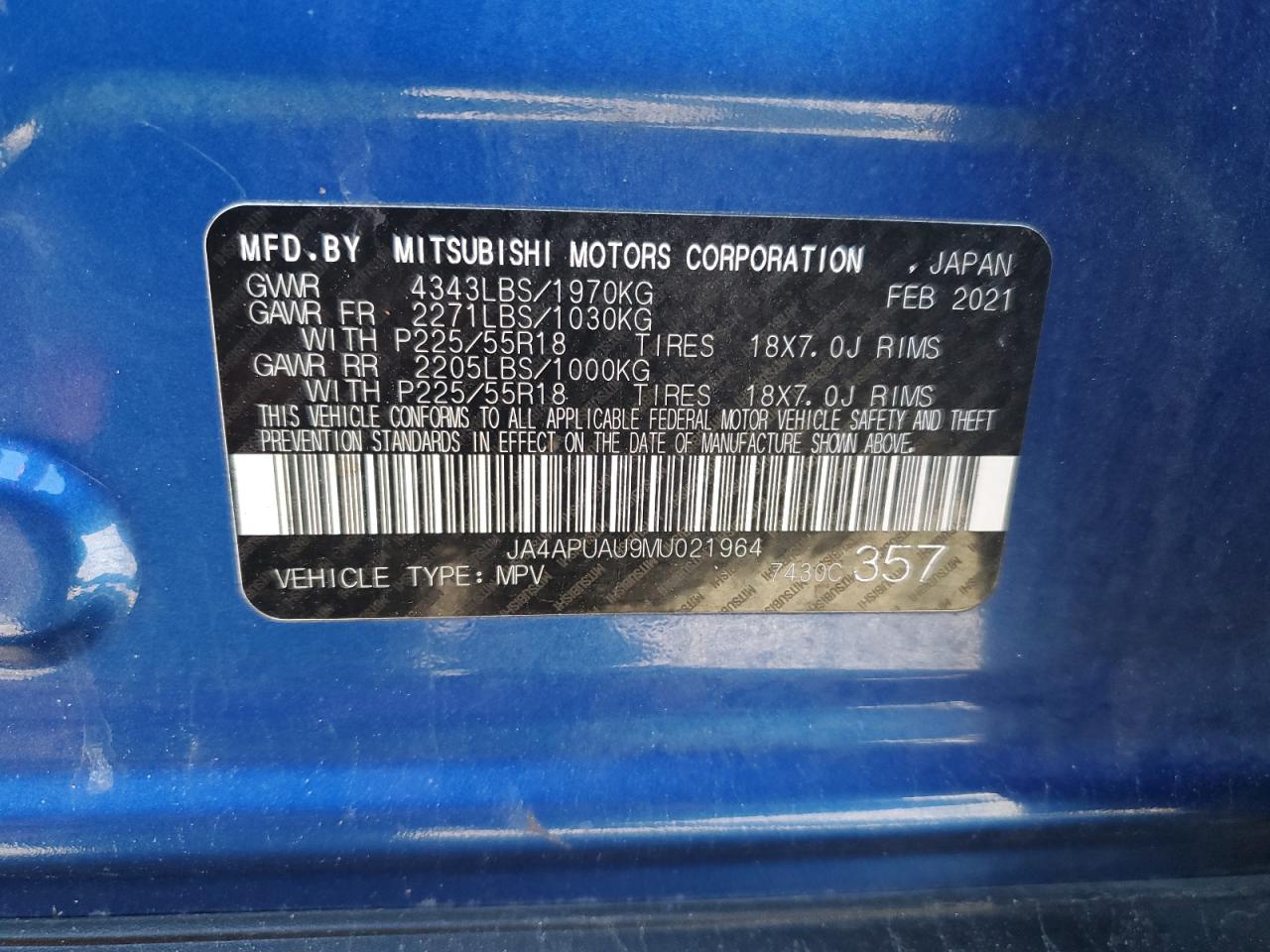 2021 Mitsubishi Outlander Sport Es VIN: JA4APUAU9MU021964 Lot: 87282375