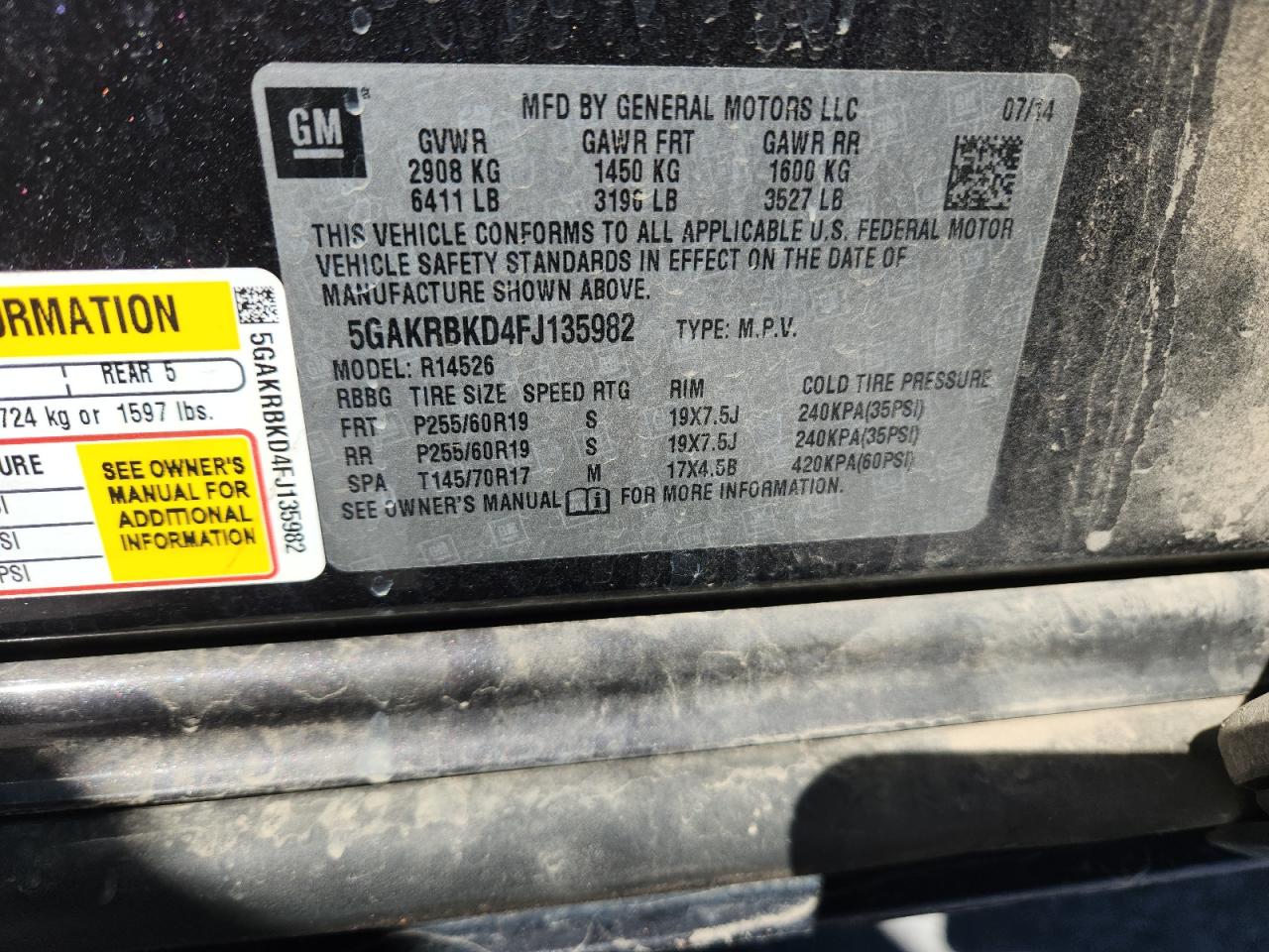 2015 Buick Enclave VIN: 5GAKRBKD4FJ135982 Lot: 90926795