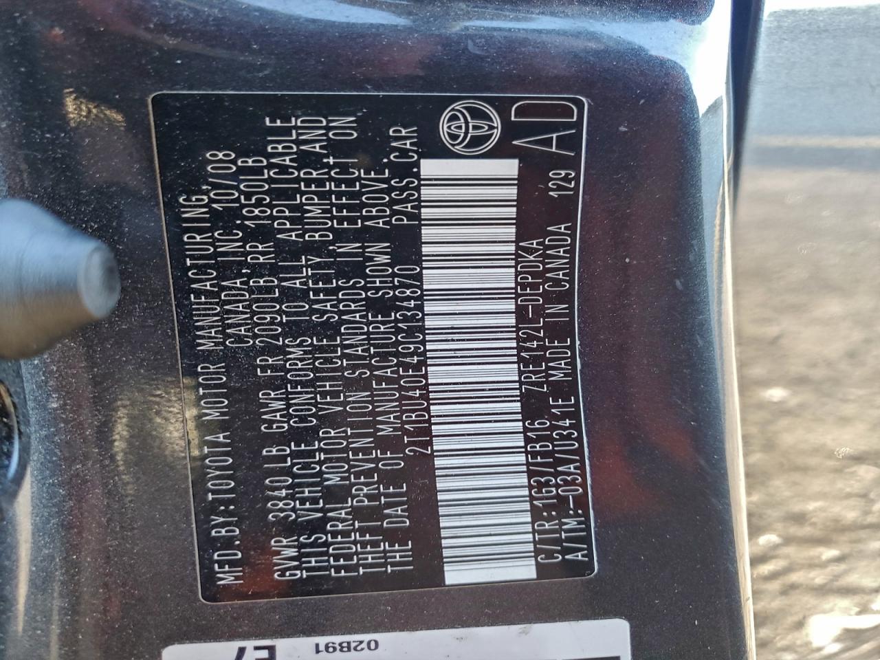 2009 Toyota Corolla Base VIN: 2T1BU40E49C134870 Lot: 93819235