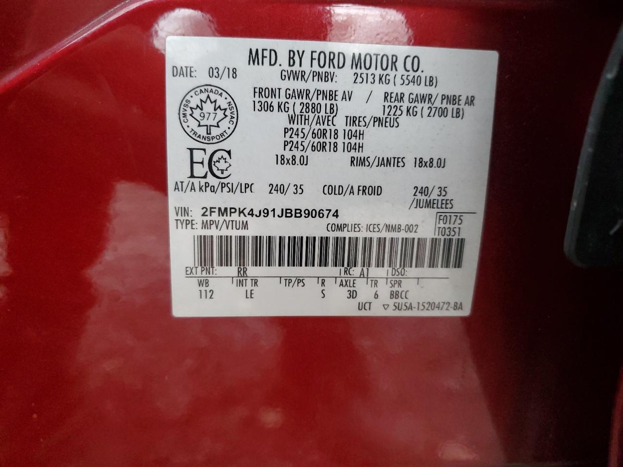 2018 Ford Edge Sel VIN: 2FMPK4J91JBB90674 Lot: 90440935