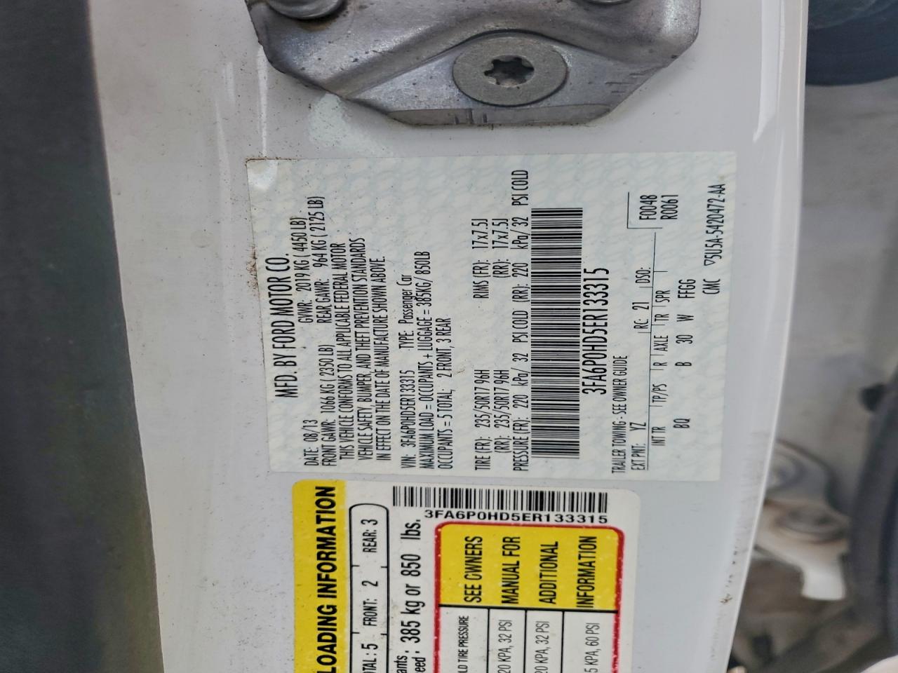 2014 Ford Fusion Se VIN: 3FA6P0HD5ER133315 Lot: 91787685