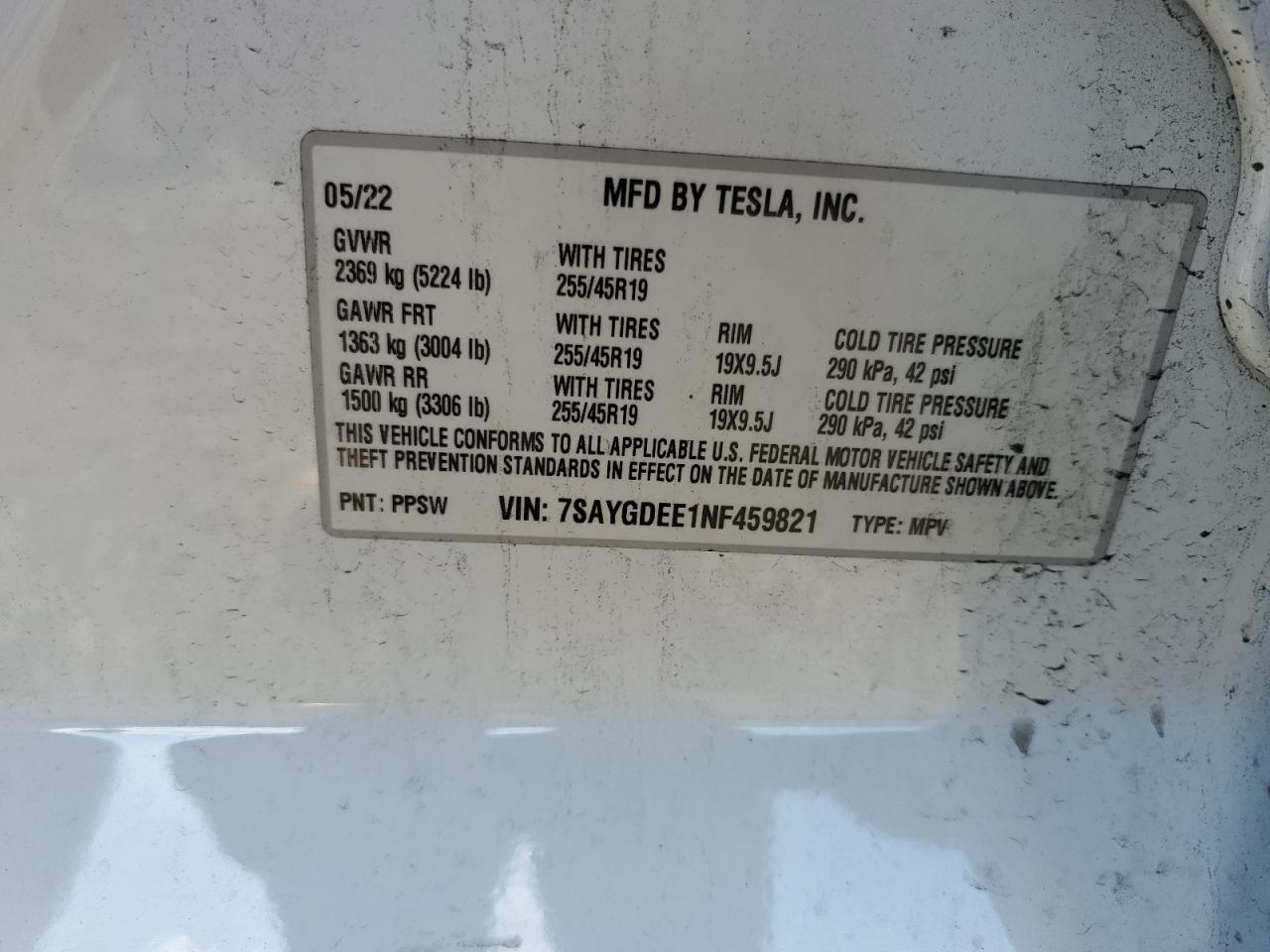 2022 Tesla Model Y VIN: 7SAYGDEE1NF459821 Lot: 93528485