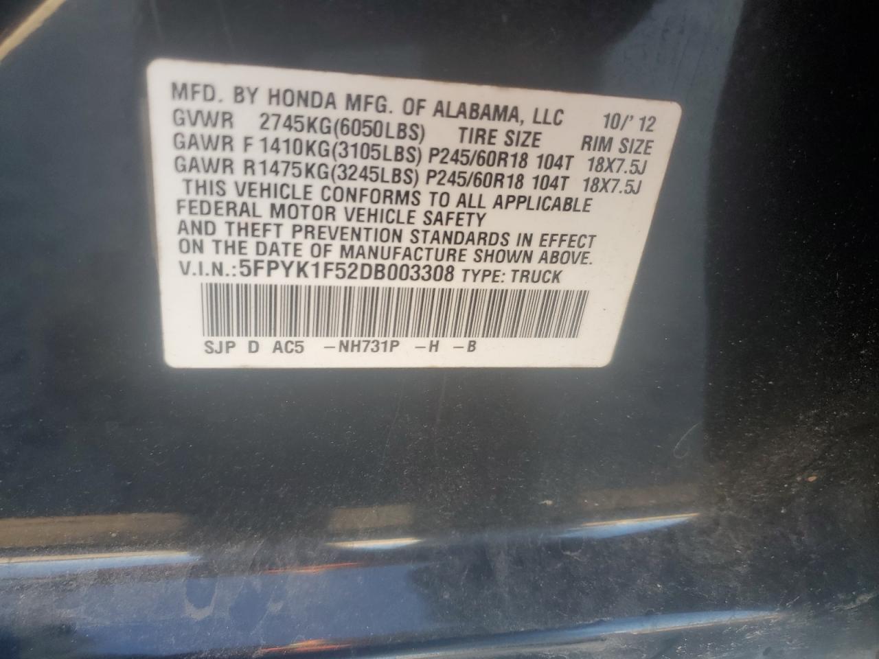 2013 Honda Ridgeline Rtl VIN: 5FPYK1F52DB003308 Lot: 90358765